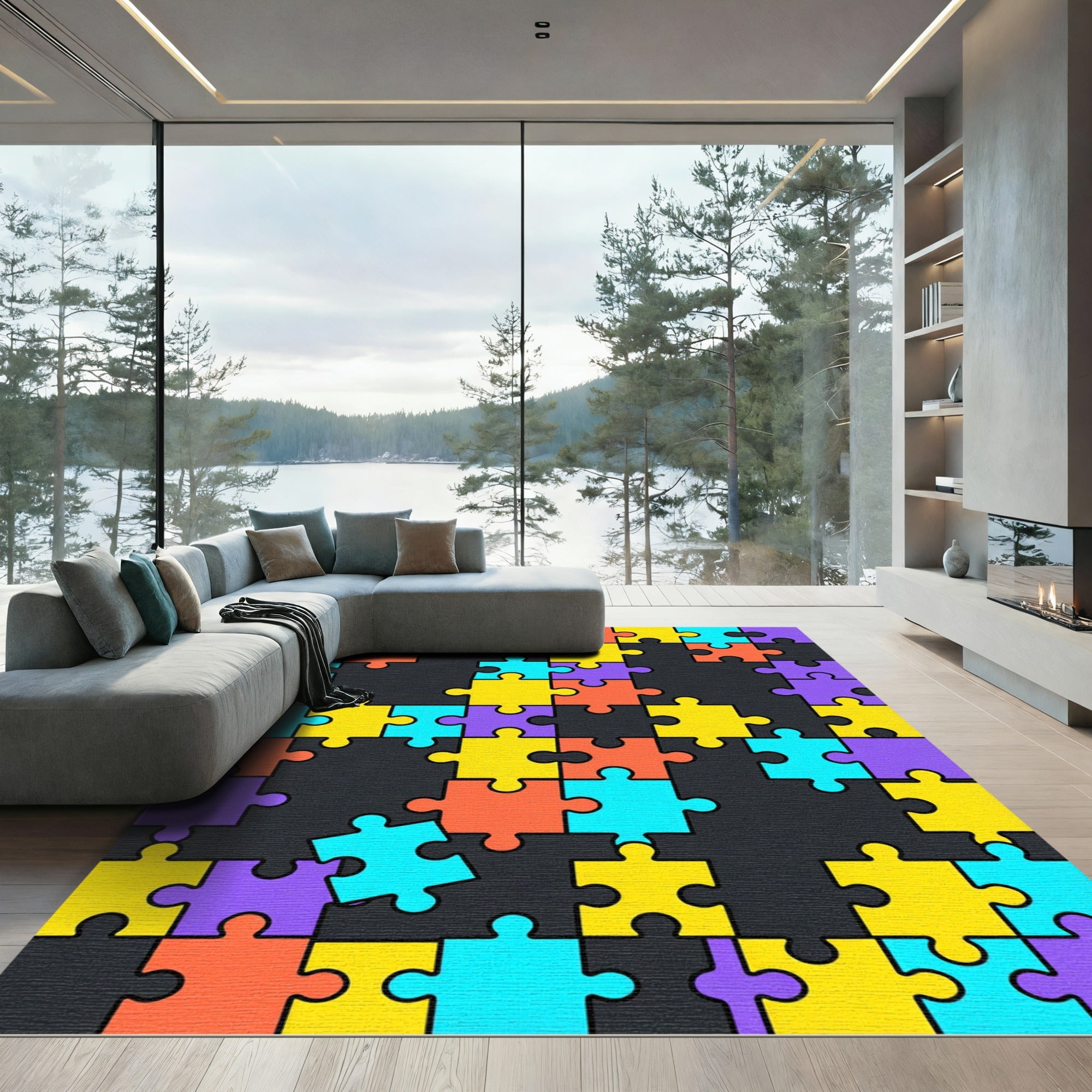 Vibrant Geometric Multicolored Jigsaw Puzzle Art Rug