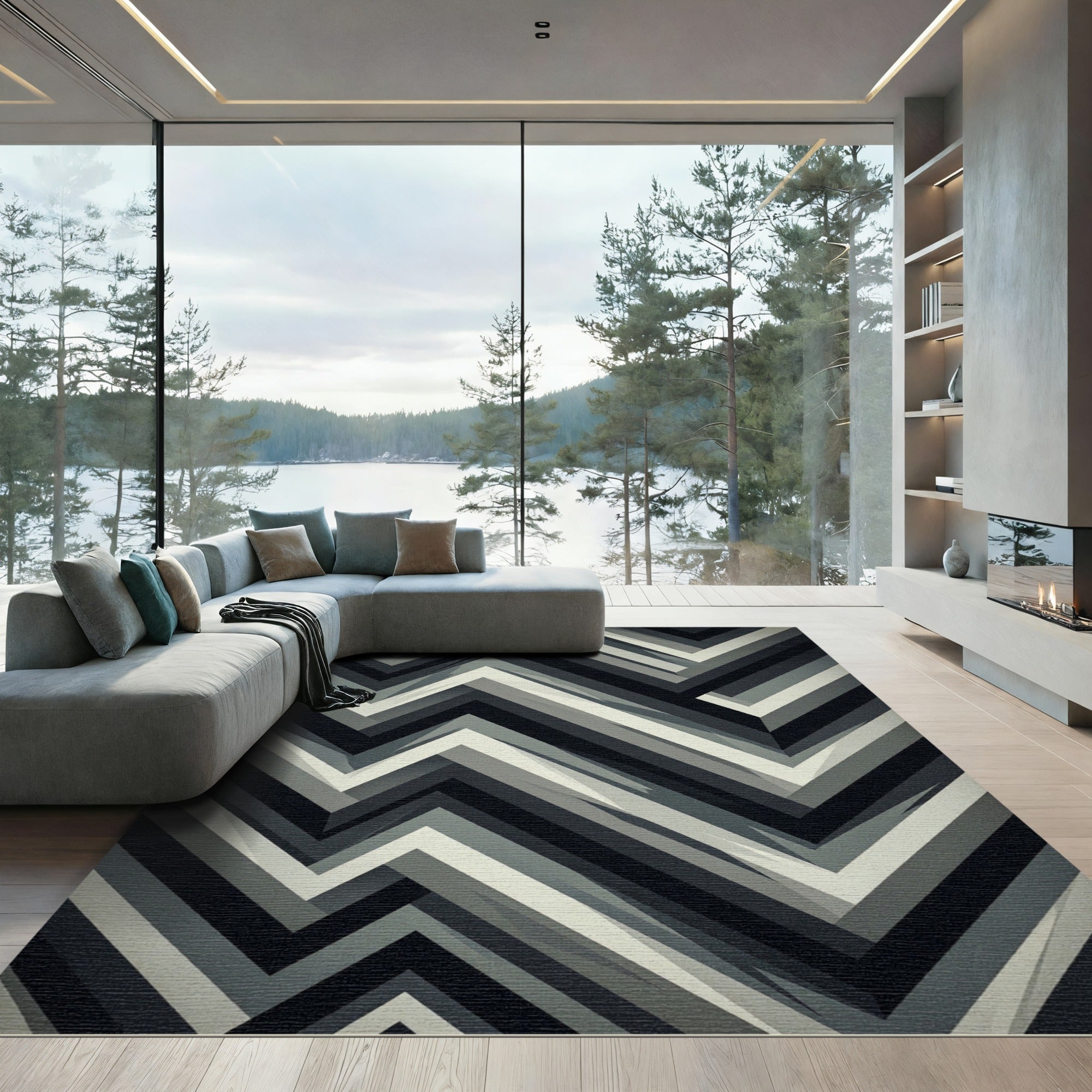 Monochromatic Chevron Geometric Layered Rug