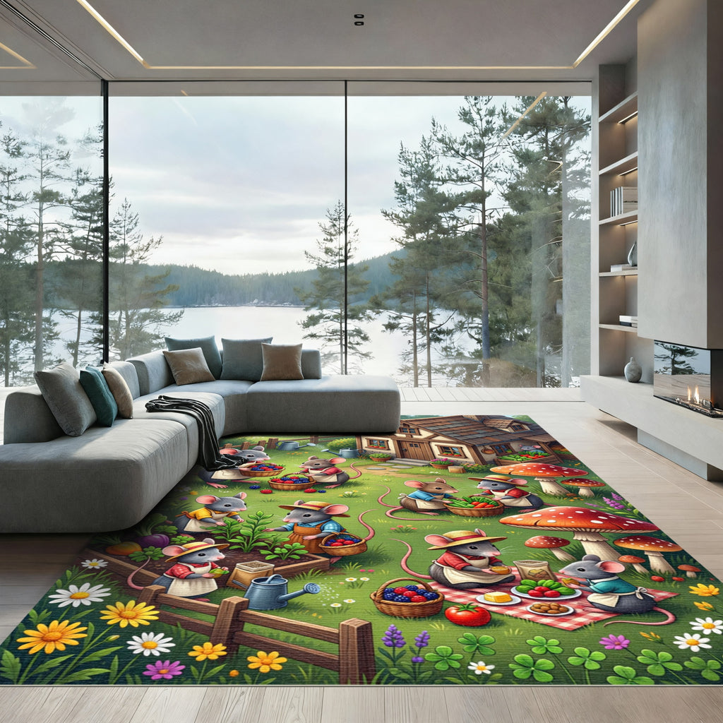 Whimsical Mouse Garden Village Scene Rug