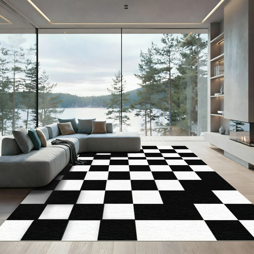 Modern Black and White Checkered Square Rug