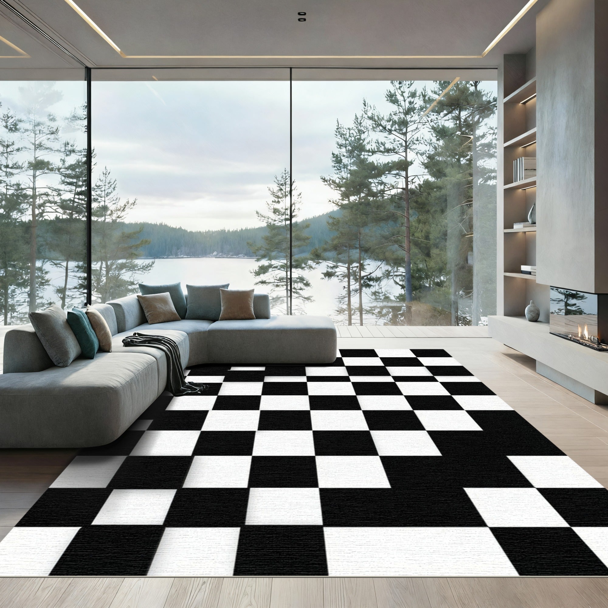 Modern Black and White Checkered Square Rug