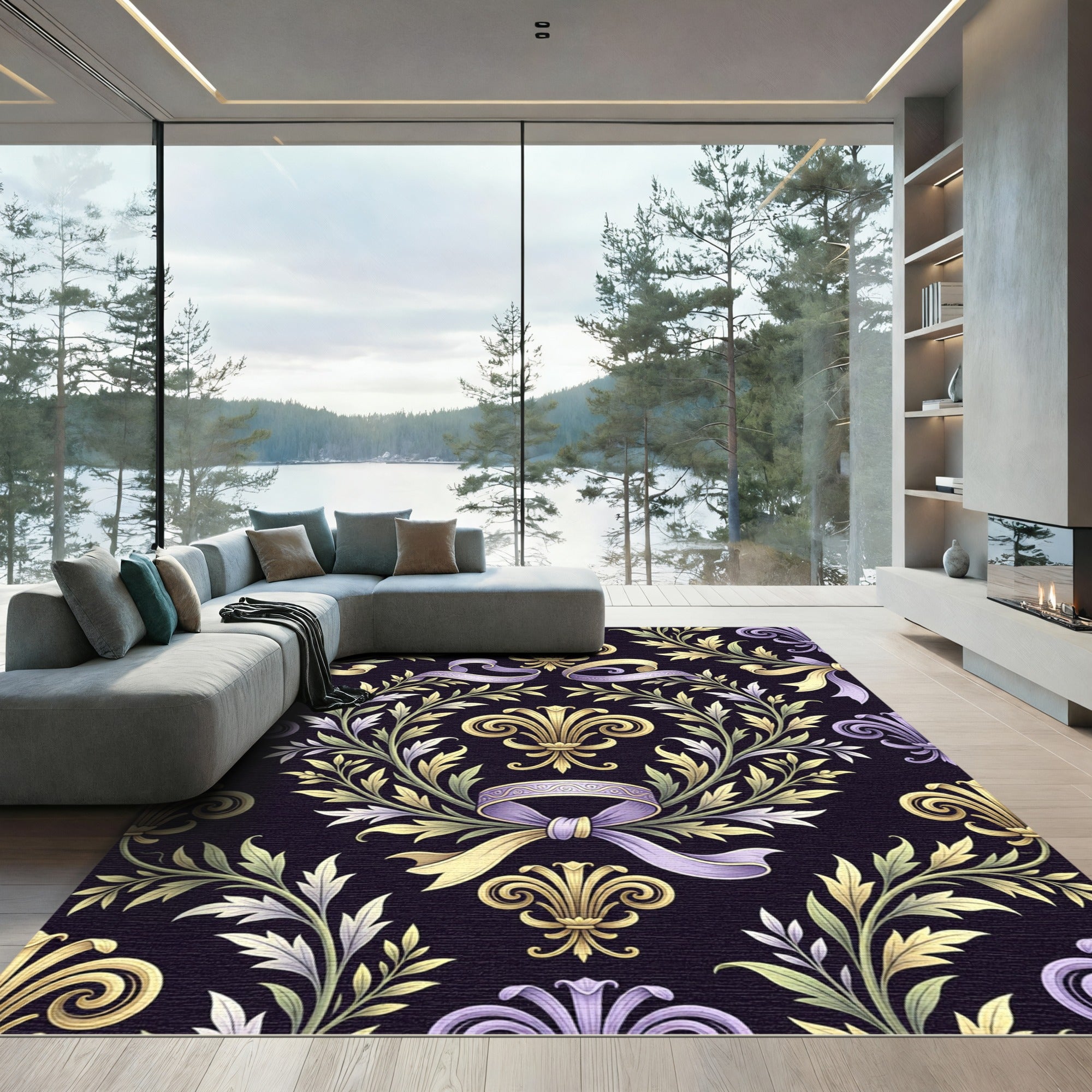 Elegant Pastel Floral Damask Ribbon Rug