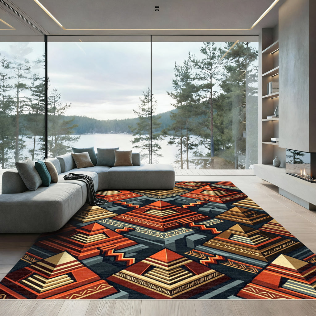 Geometric Terracotta Step Pyramid Mosaic Rug