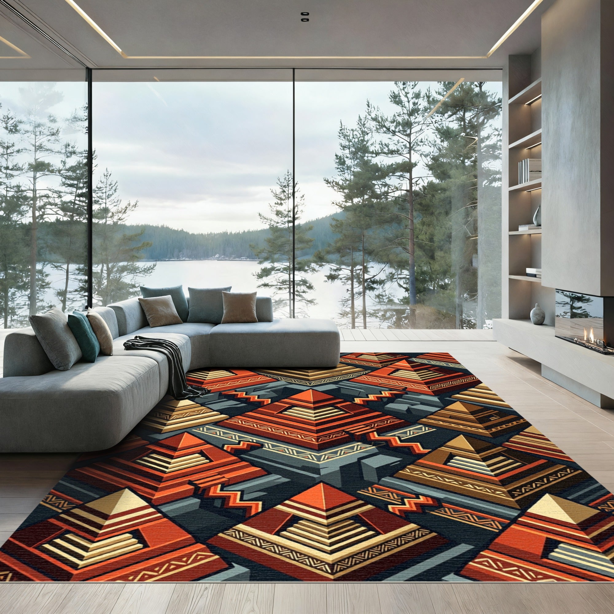 Geometric Terracotta Step Pyramid Mosaic Rug