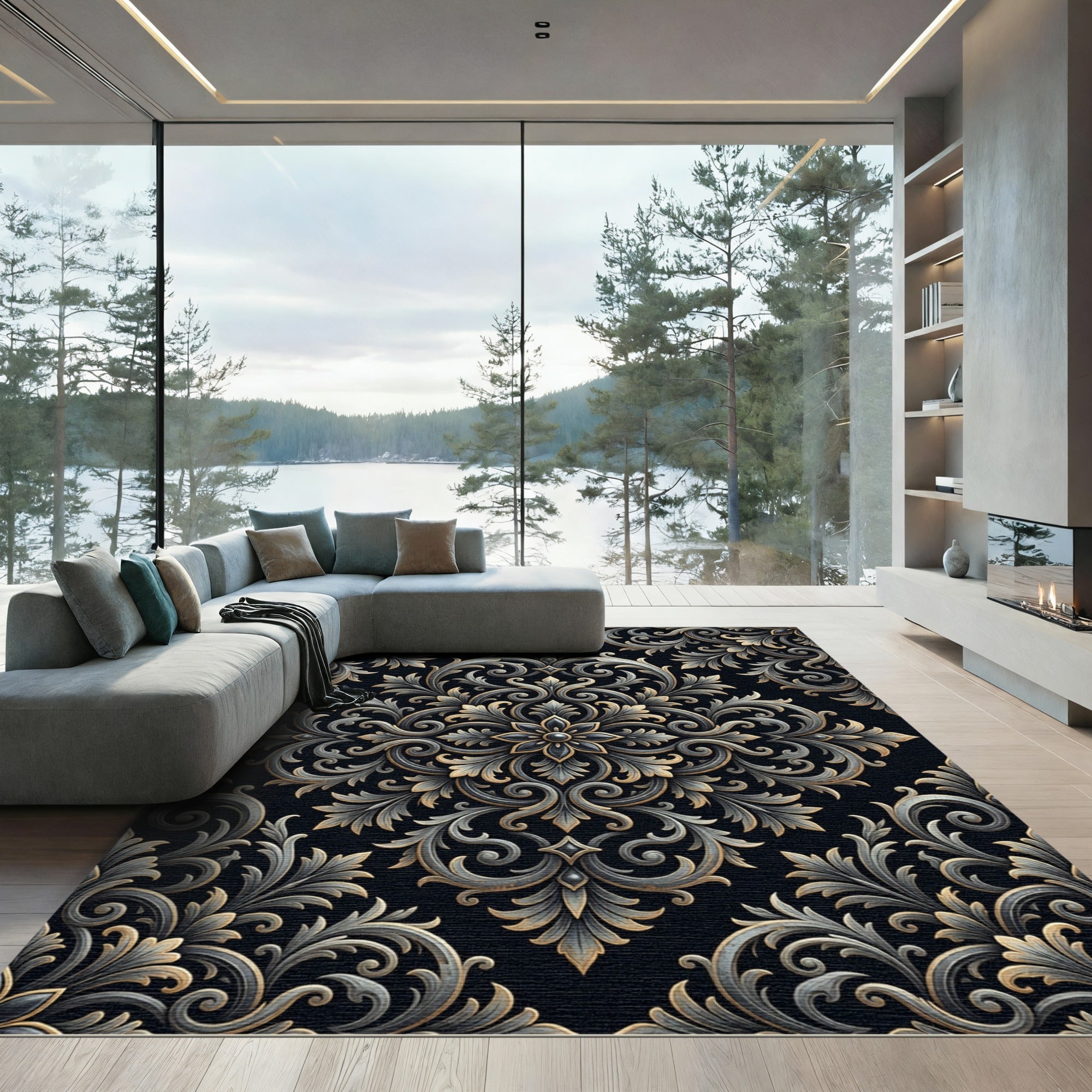 Baroque Charcoal Gold Ornate Scrollwork Rug