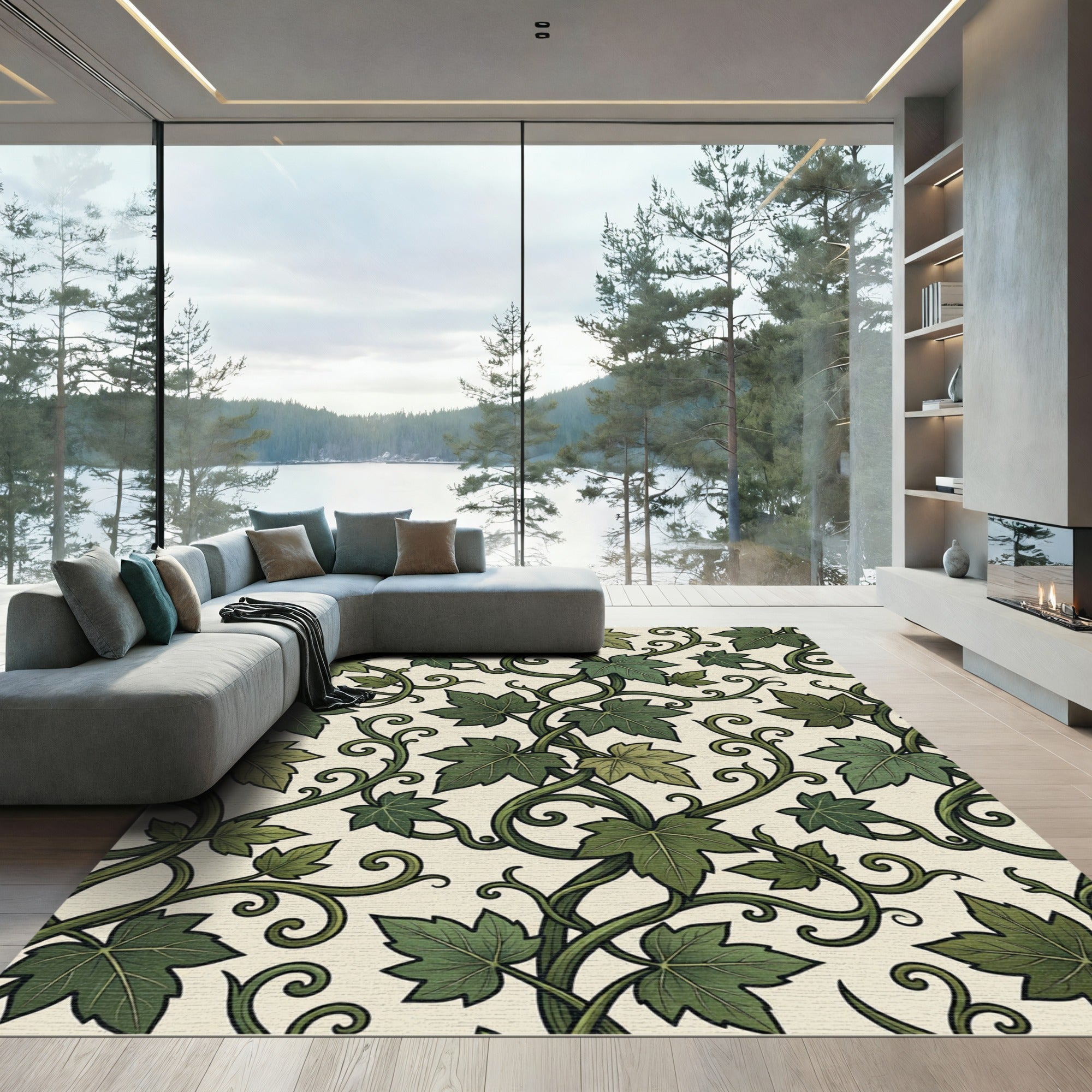 Lush Green Ivy Vine Botanical Tile Rug