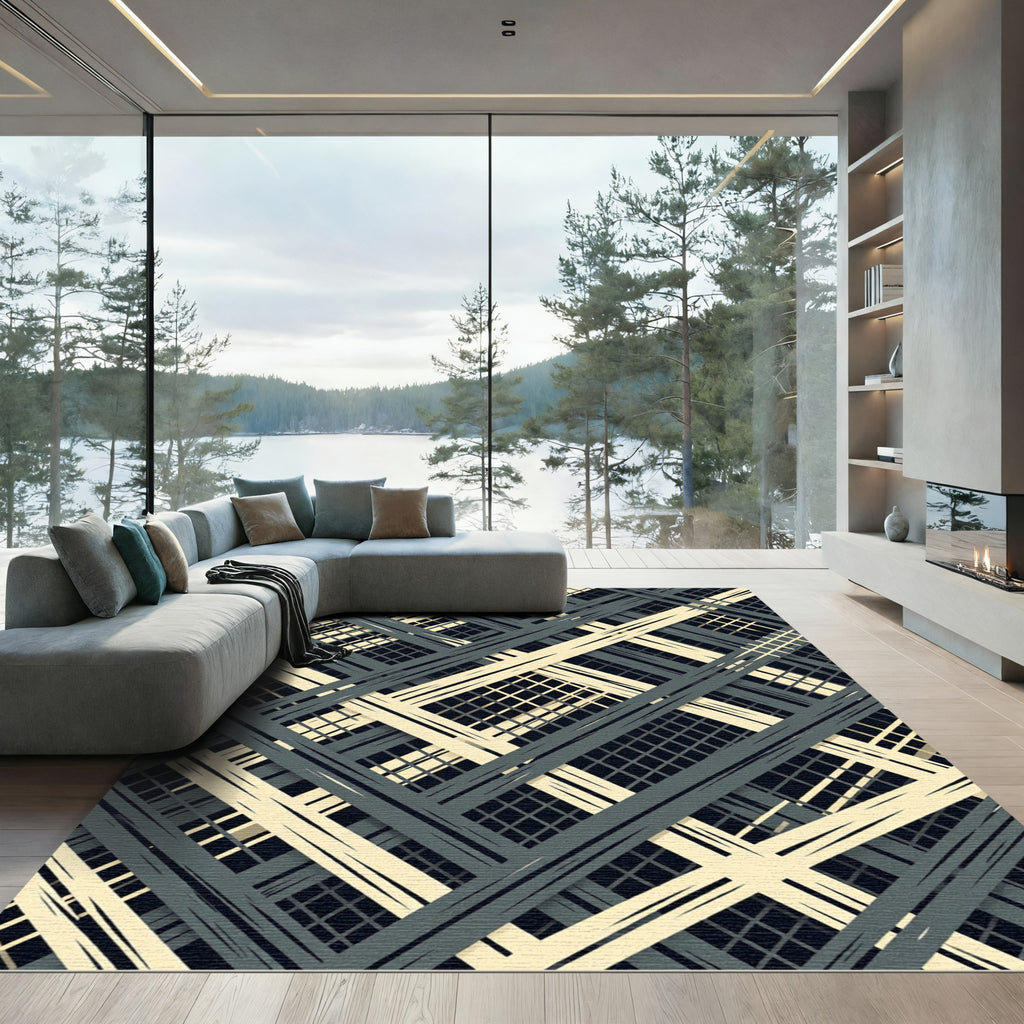 Charcoal Cream Crossed Grid Overlay Rug