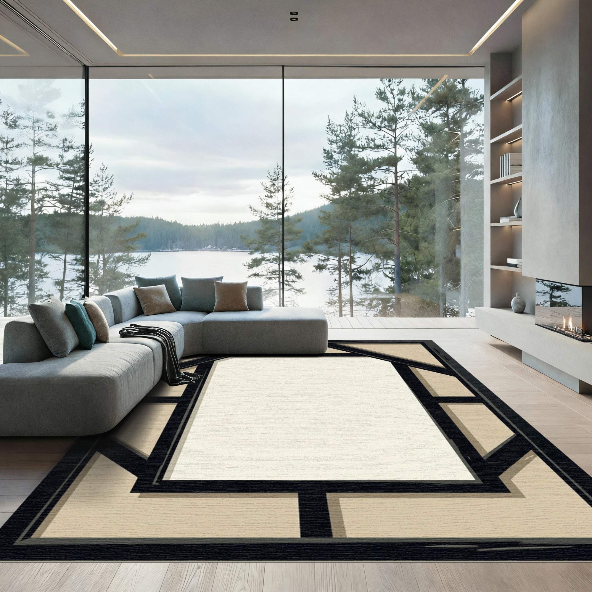 Geometric Black Frame Beige Rug