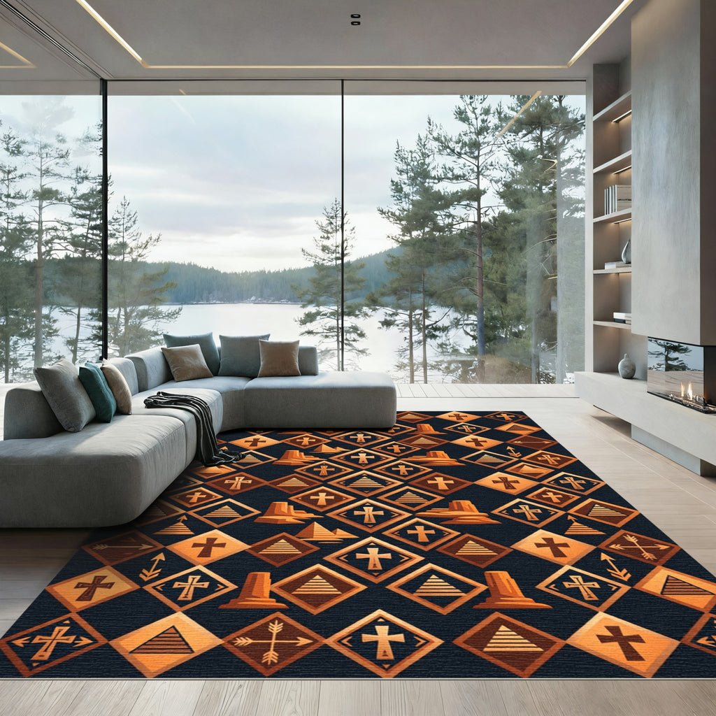 Copper Geometric Desert Cross Diamond Rug