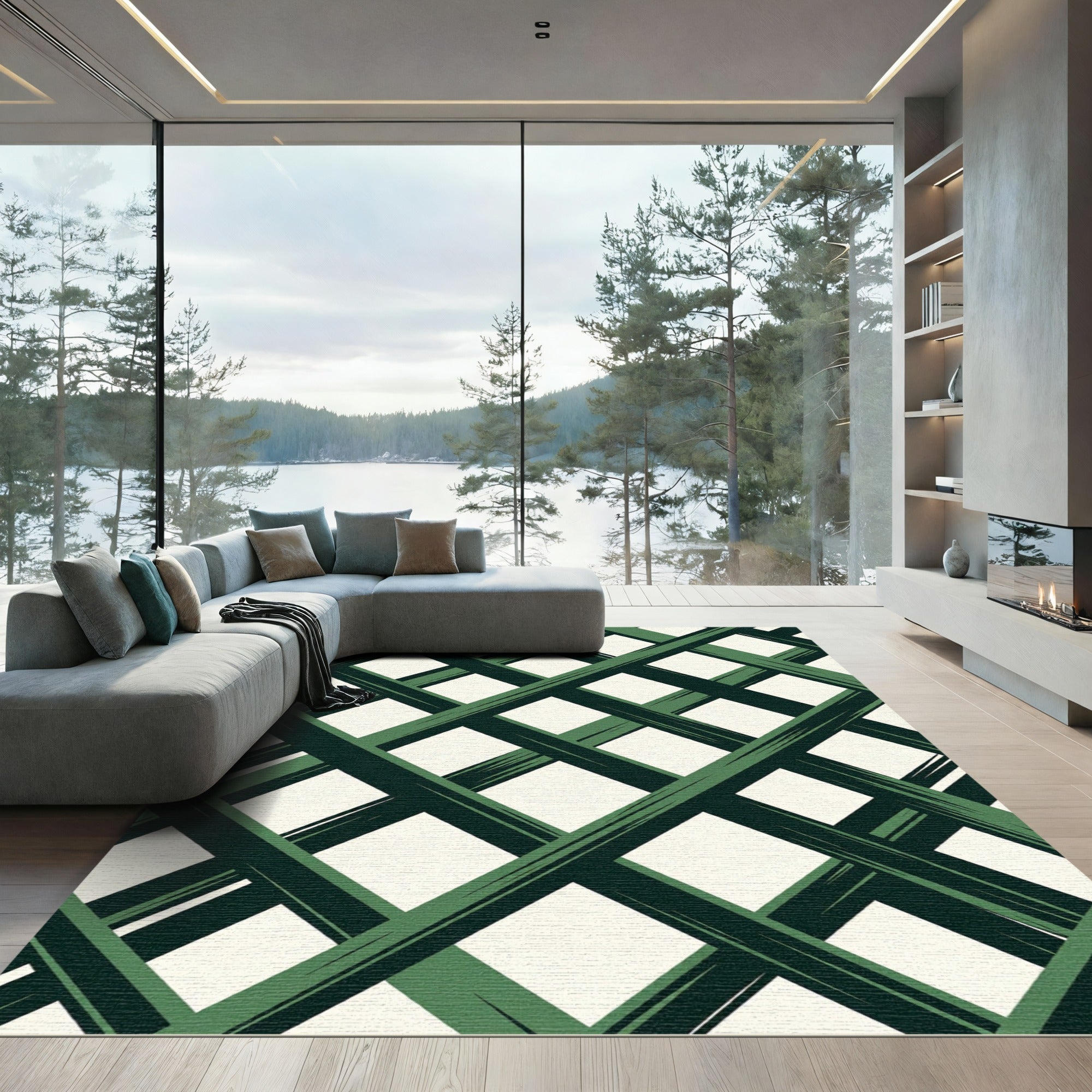 Modern Forest Green Geometric Plaid Rug