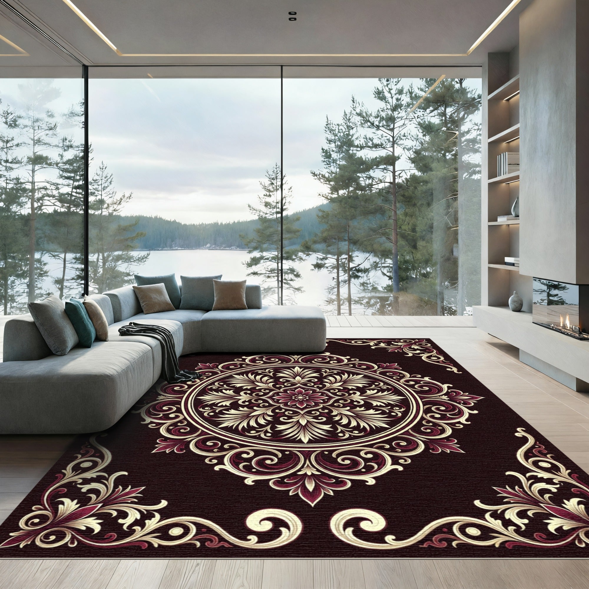 Vibrant Burgundy Floral Medallion Frame Rug