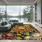 Golden Chrysanthemum Floral Black Botanical Rug