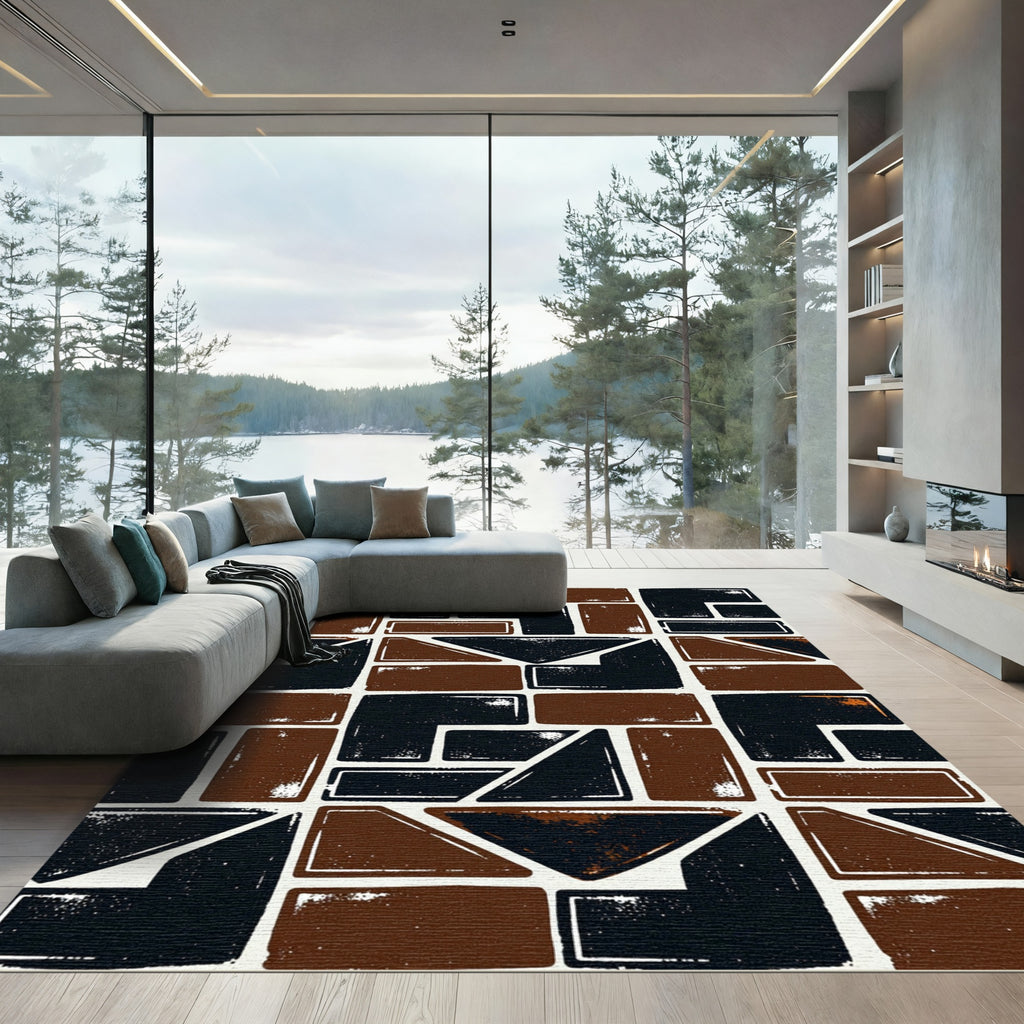 Modern Black And Brown Geometric Block Rug
