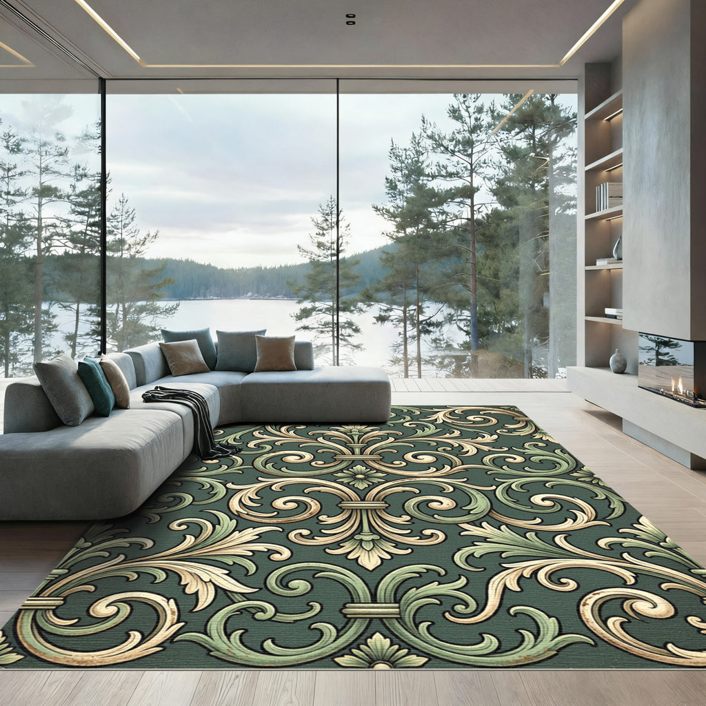 Elegant Sage and Cream Acanthus Scroll Rug