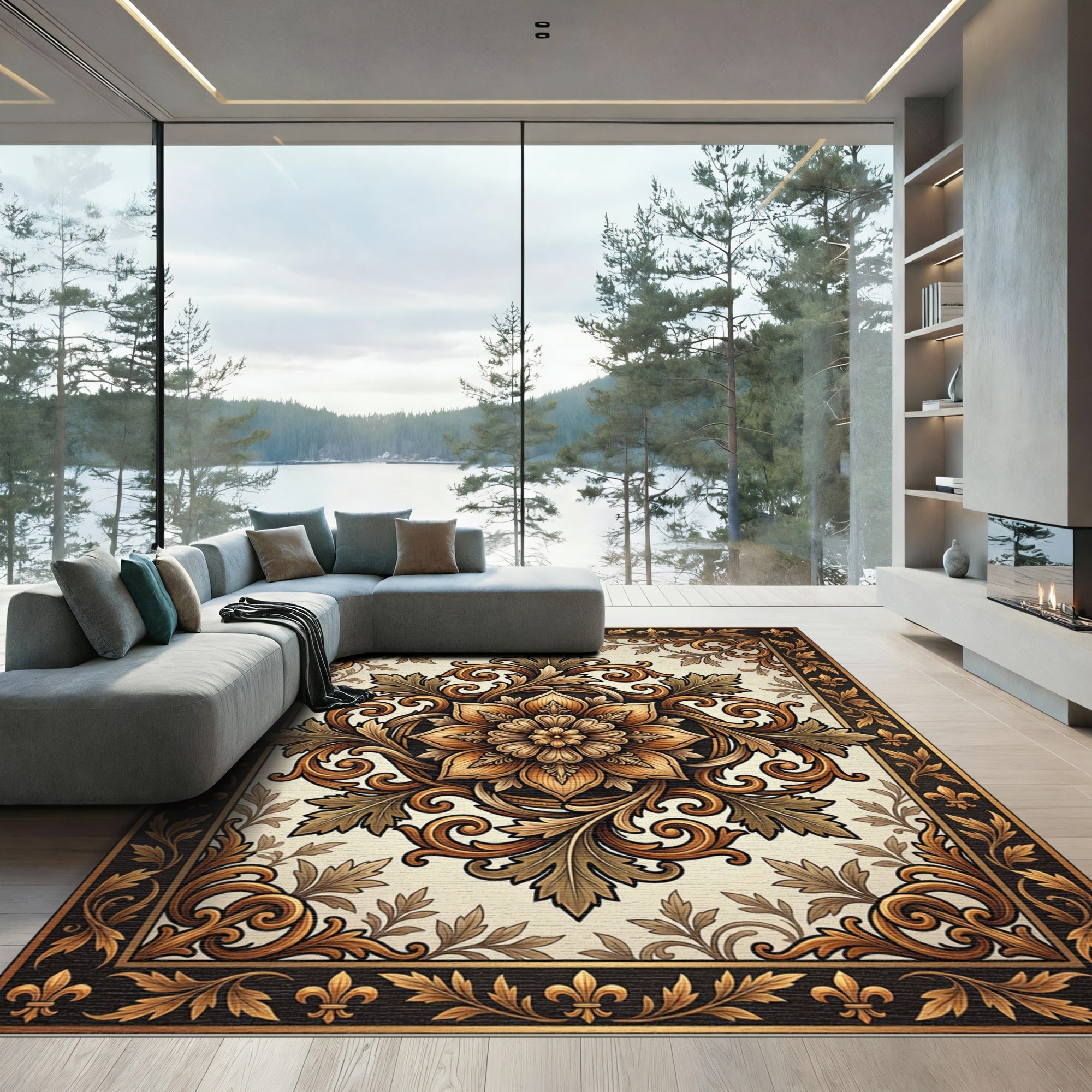 Elegant Gold Filigree Floral Acanthus Medallion Rug