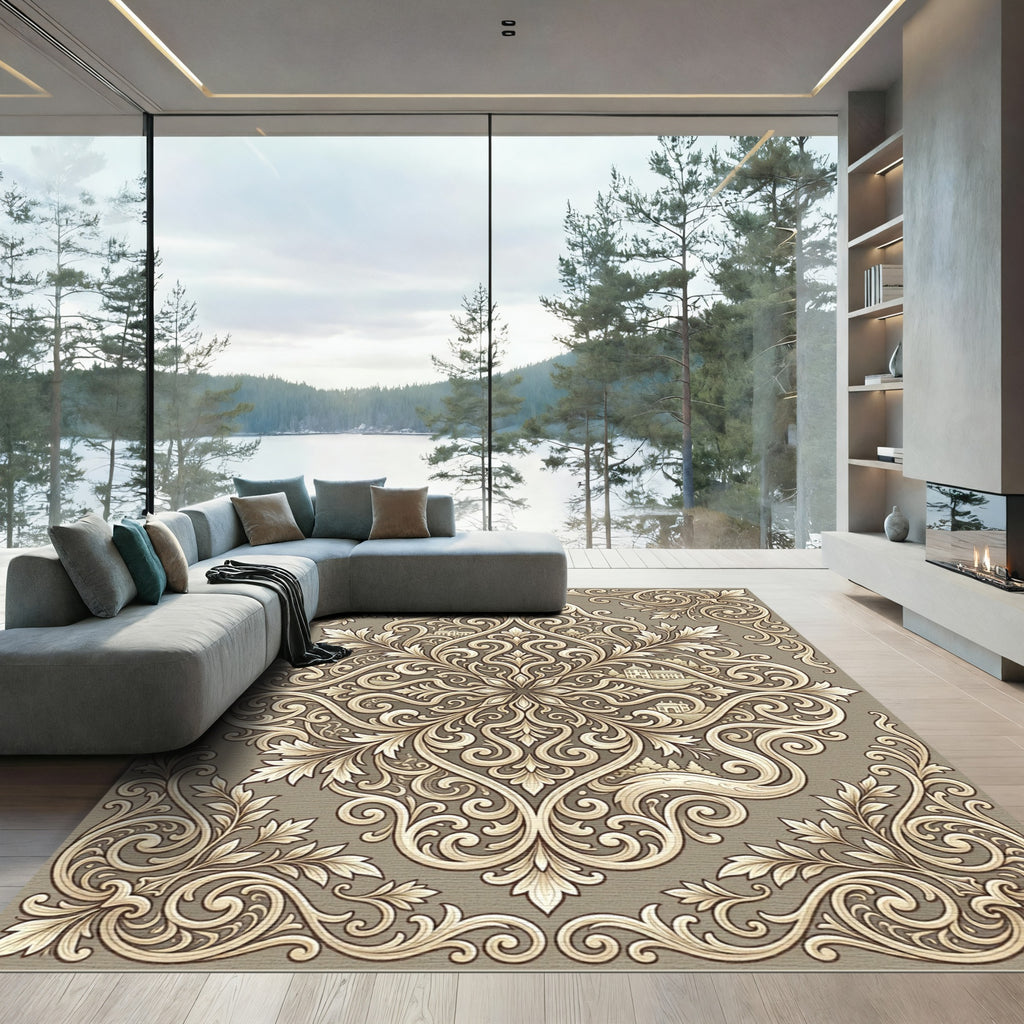 Ornate Beige Acanthus Scroll Landscape Rug