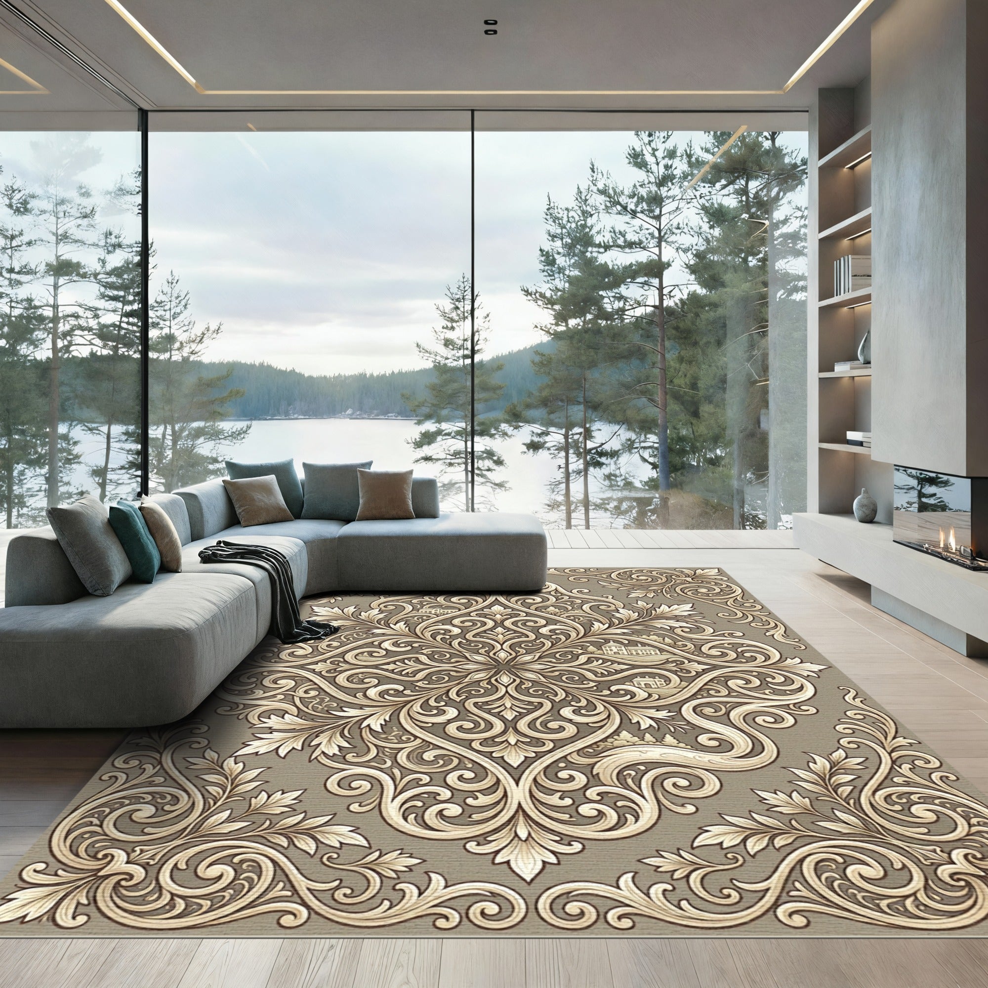 Ornate Beige Acanthus Scroll Landscape Rug
