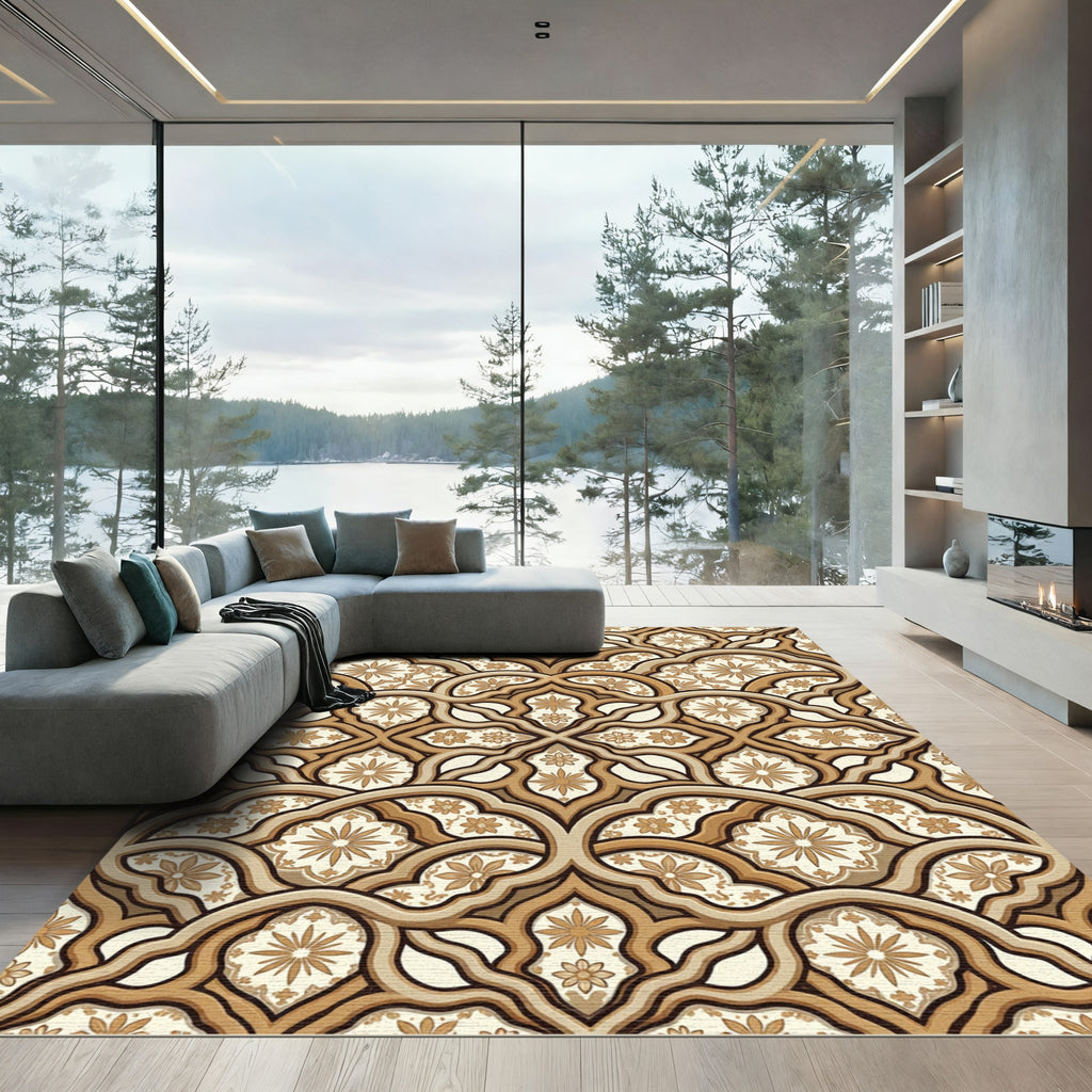 Elegant Gold Floral Damask Lattice Rug