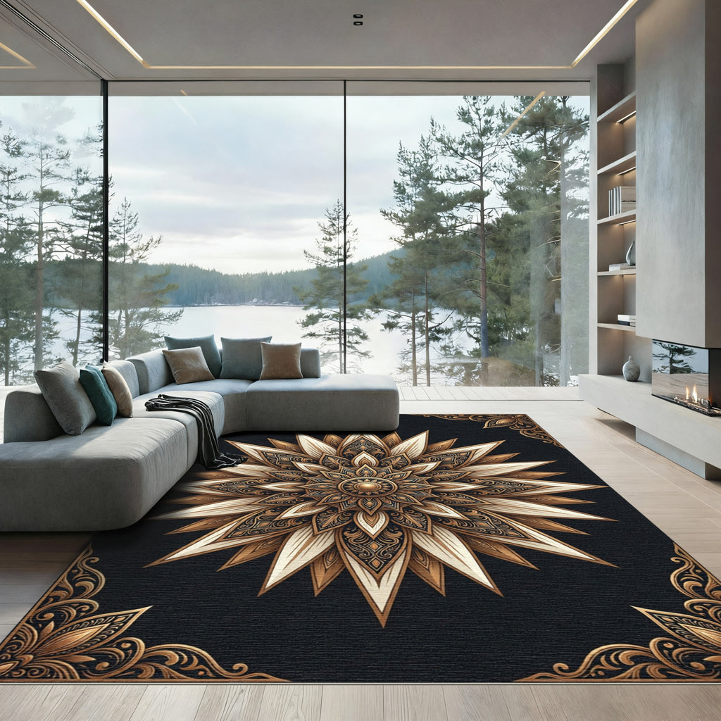 Ornate Gold and Cream Mandala Rug