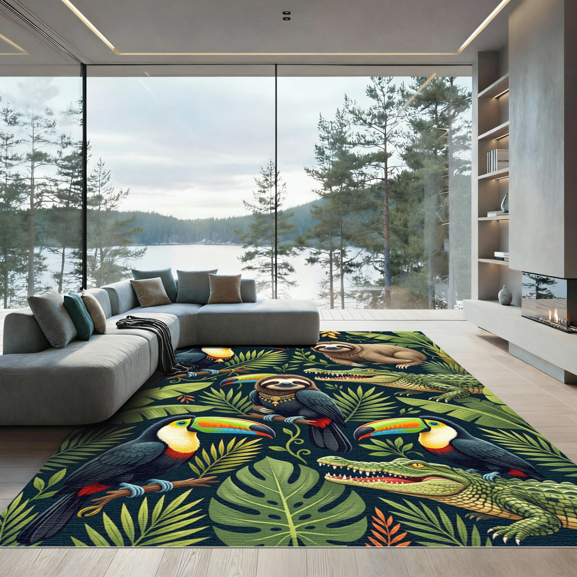 Vibrant Jungle Toucan Sloth Crocodile Foliage Rug