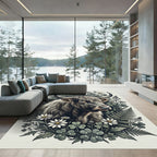 Highland Cattle Fern Clover Botanical Illustration Rug