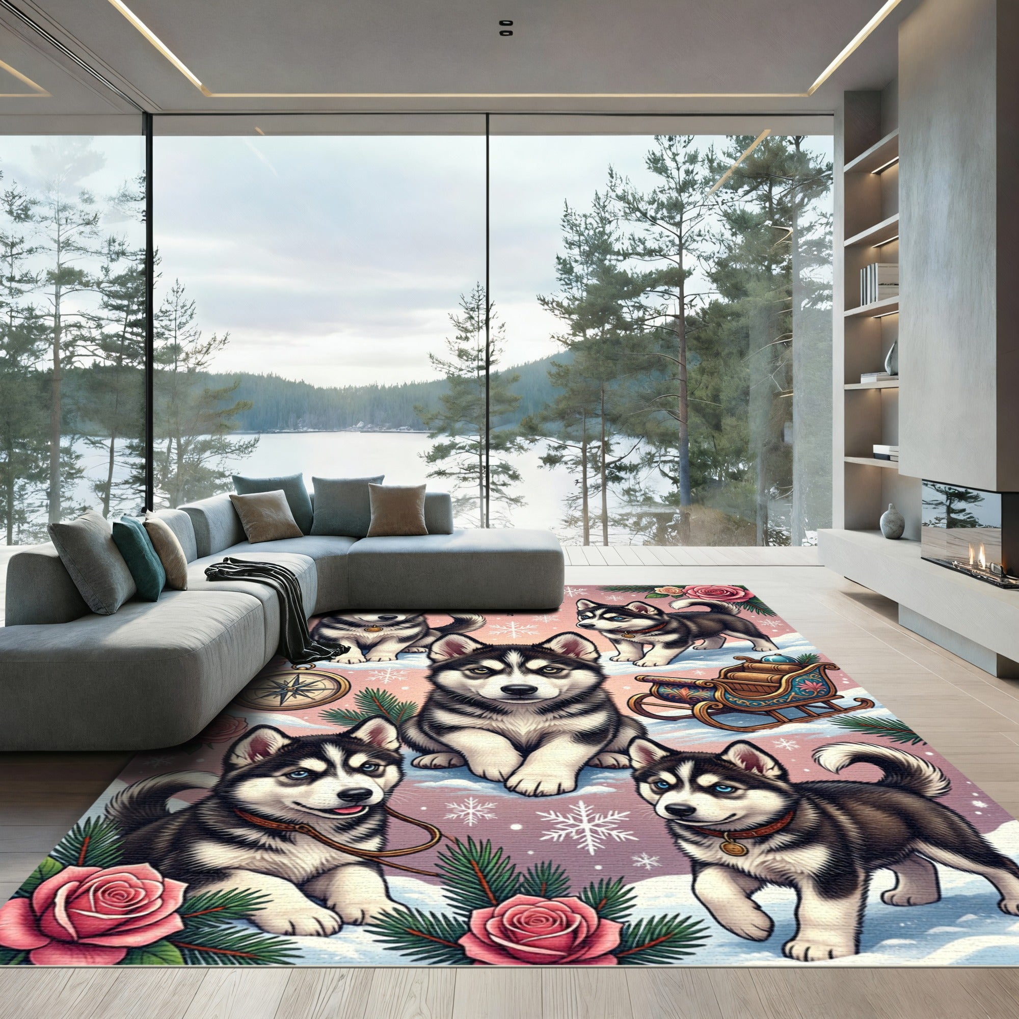 Cute Husky Puppies Winter Rose Sleigh Rug