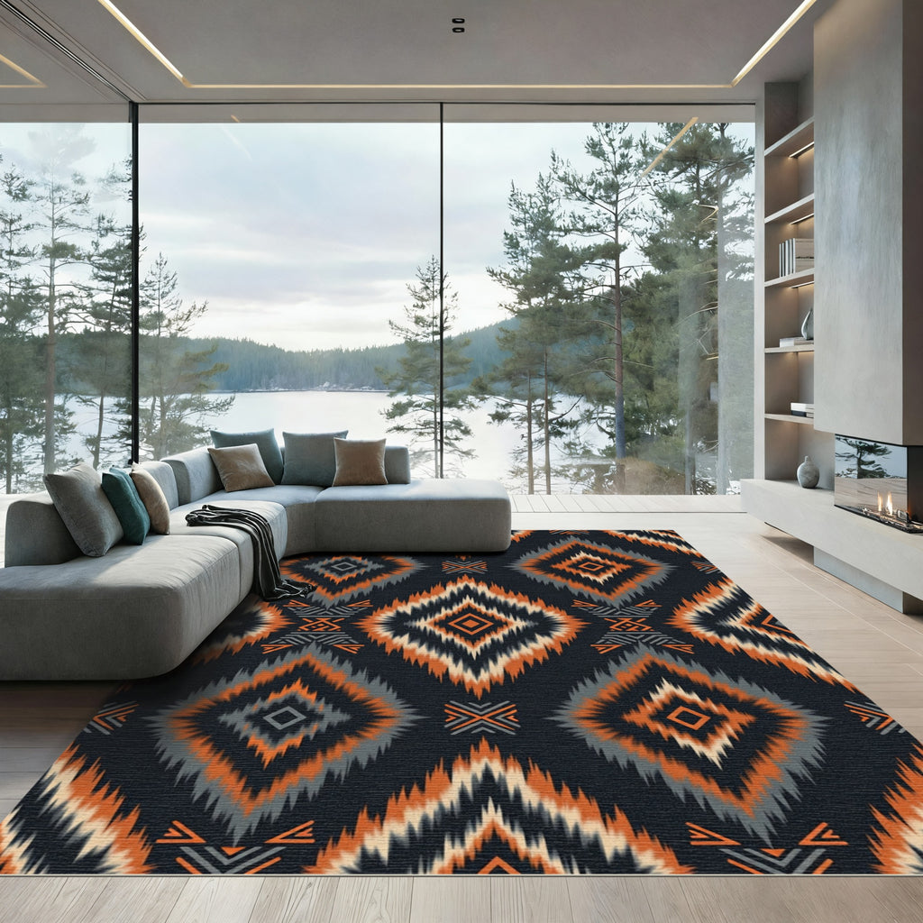 Bold Orange Gray Diamond Ikat Rug