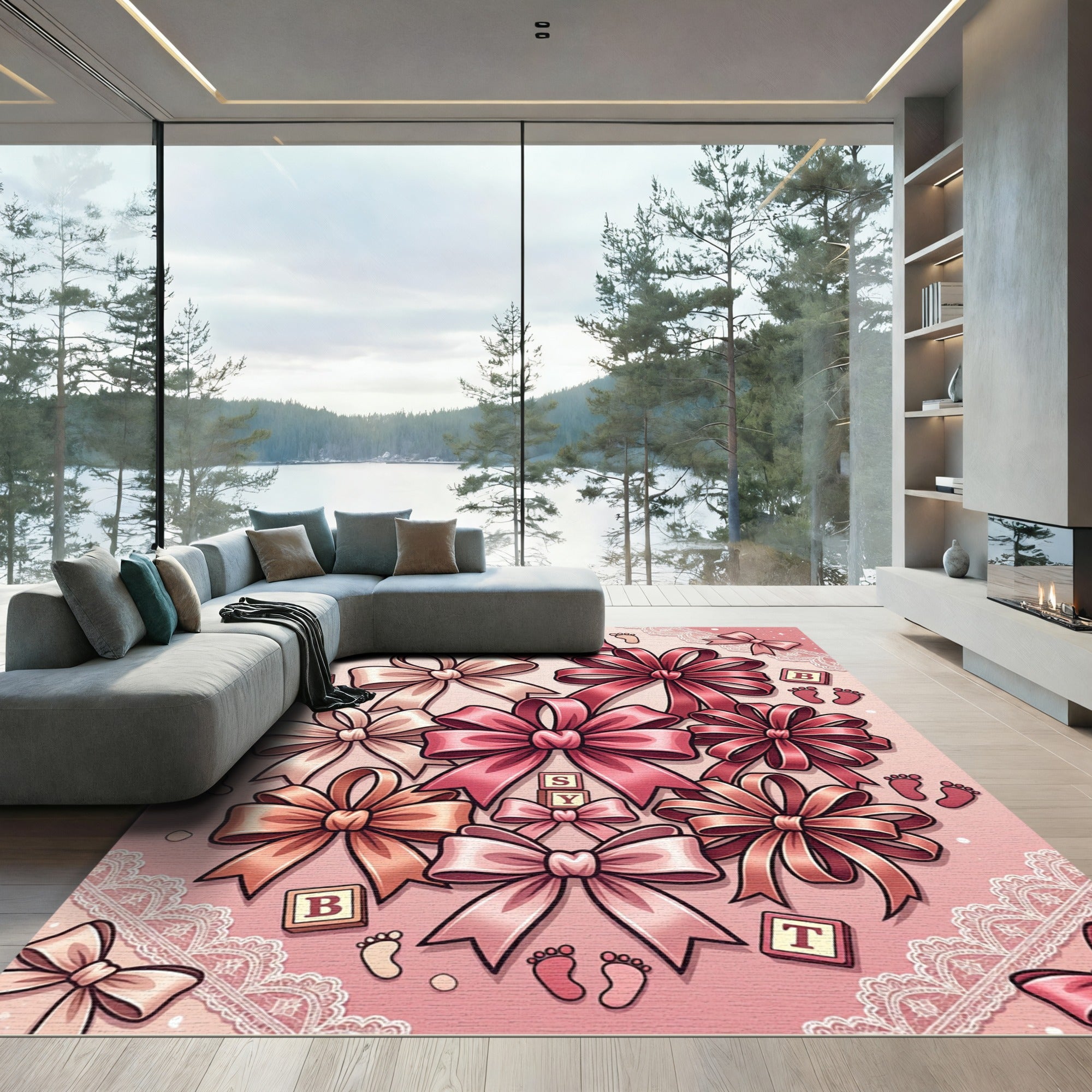 Elegant Pink Ribbon and Lace Rug