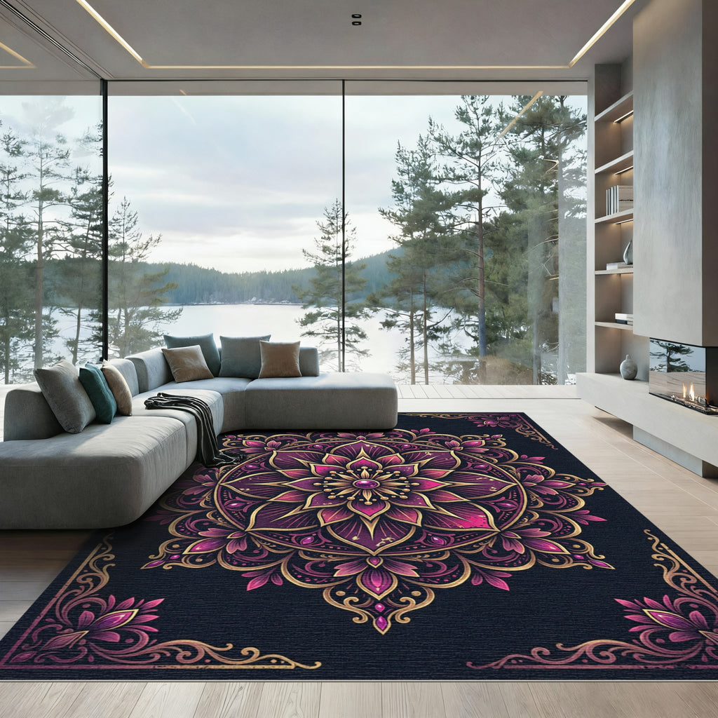 Ornate Plum Gold Floral Mandala Rug
