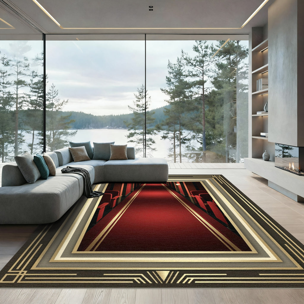 Art Deco Crimson Hallway Bordered Rug