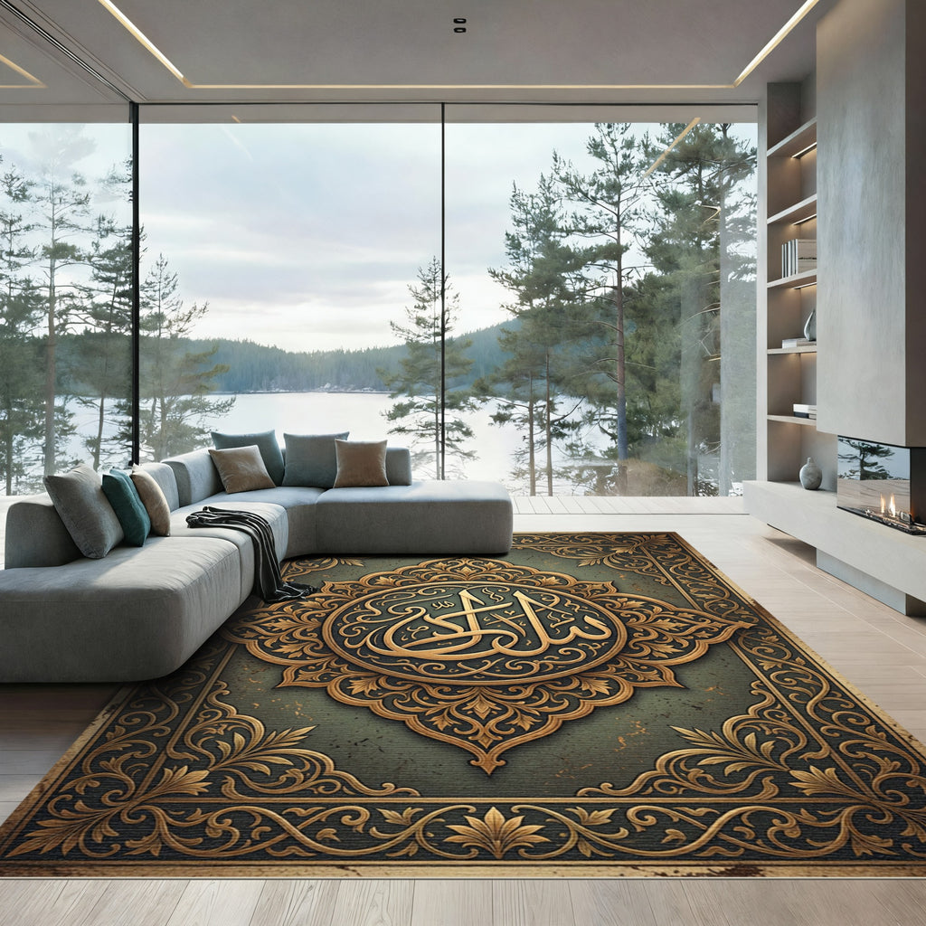 Ornate Golden Arabic Calligraphy Medallion Rug