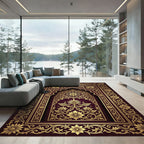Elegant Golden Filigree Damask Burgundy Rug