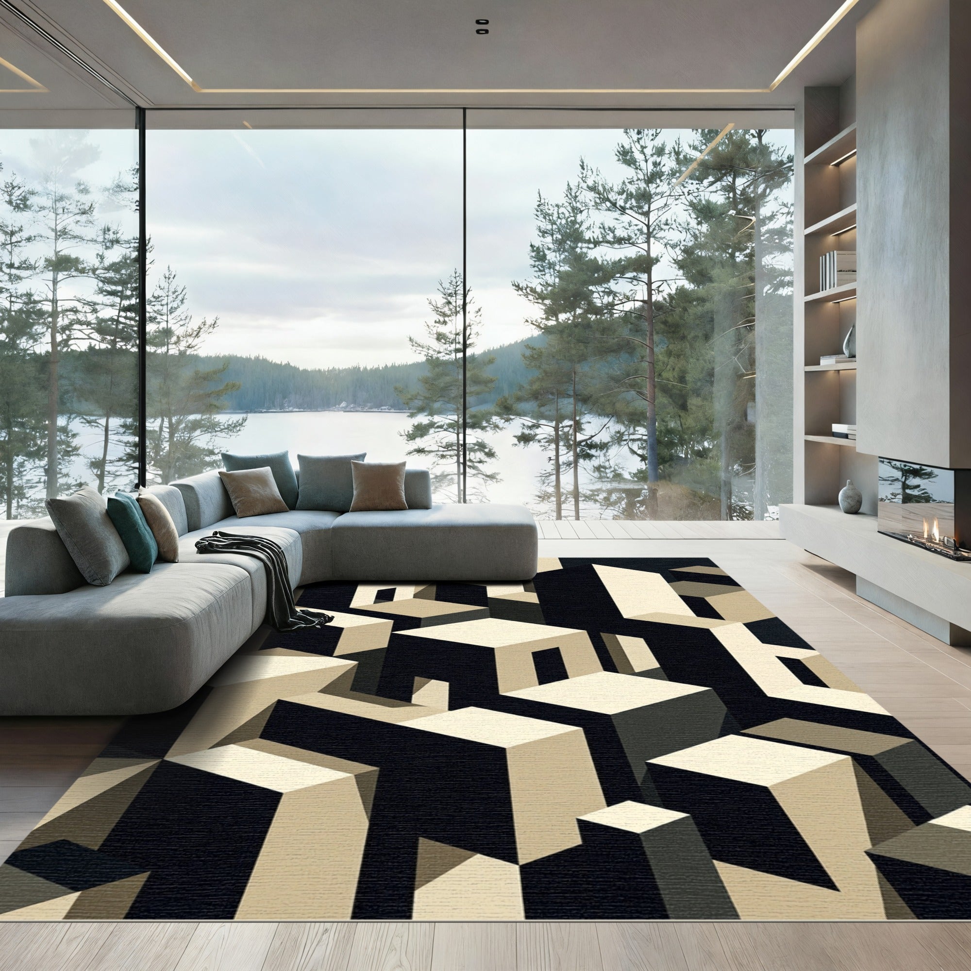 Geometric Isometric Monotone Skyscraper Art Rug