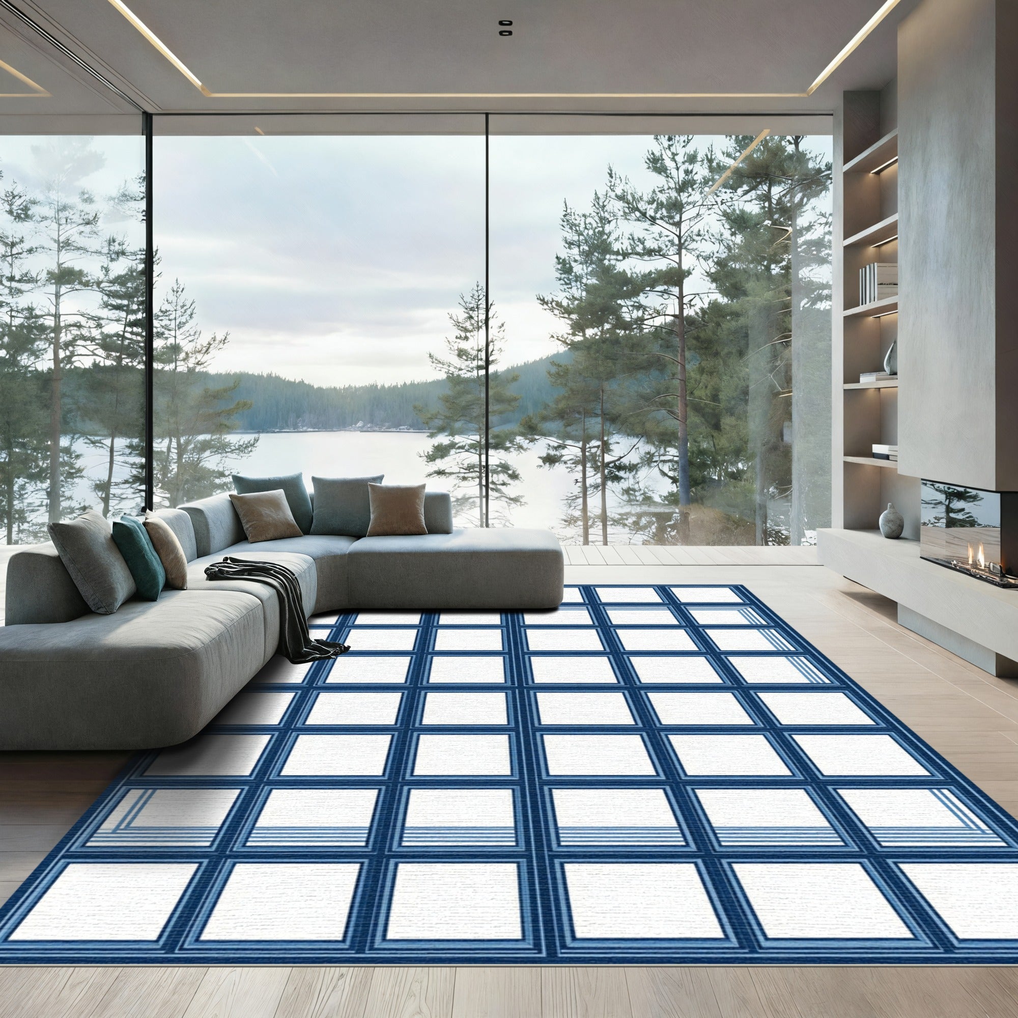 Minimalist Navy Blue Grid Square Window Rug