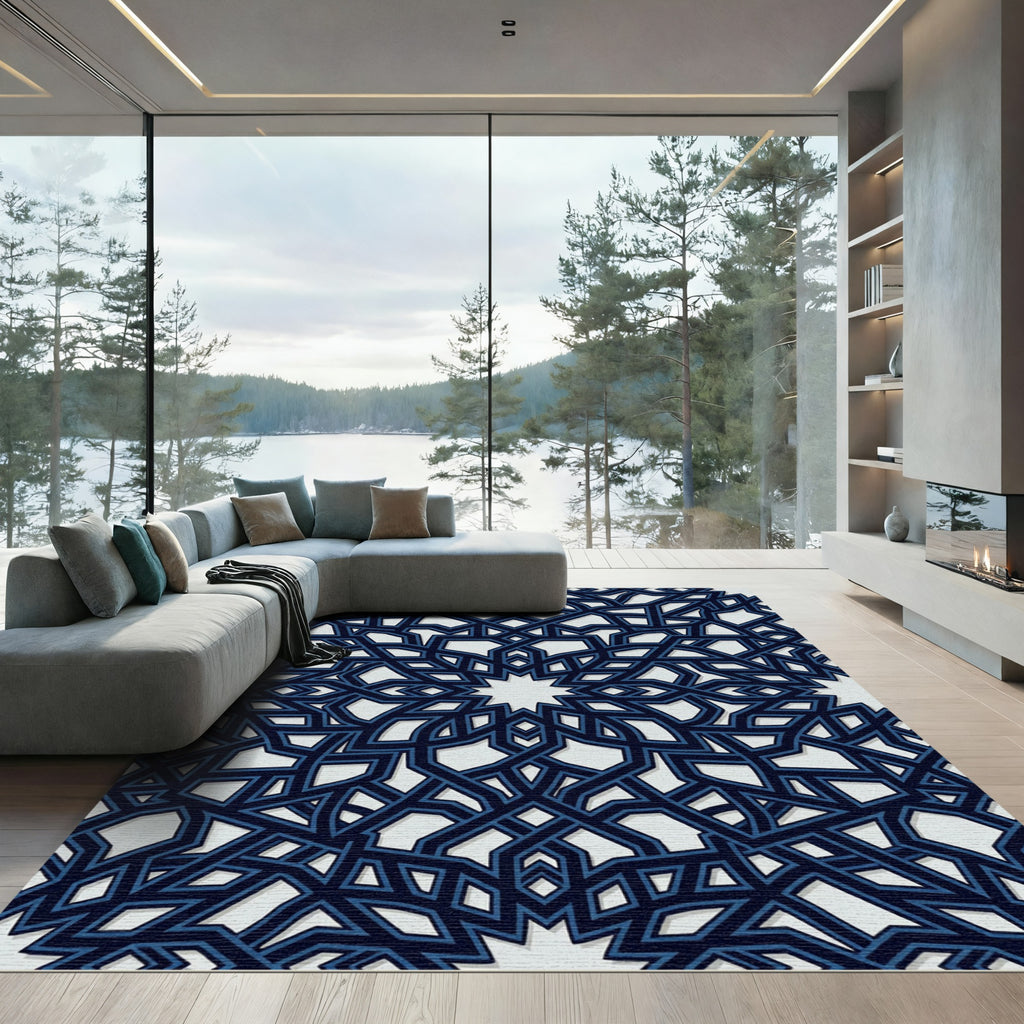 Navy Geometric Interlocking Star Tile Rug
