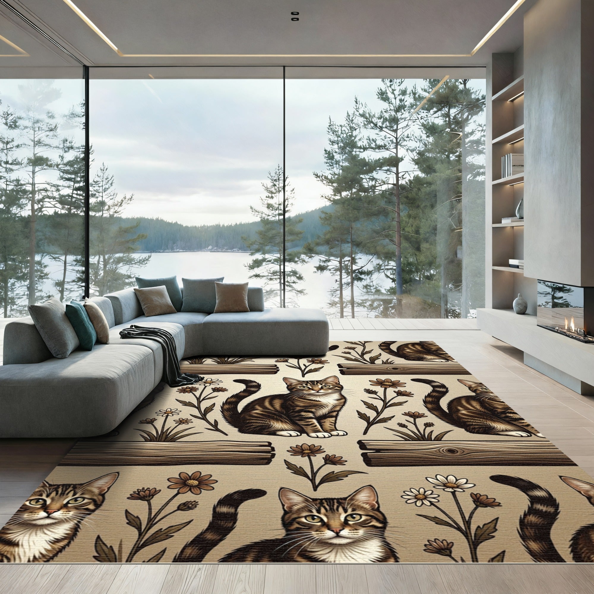 Tabby Cat Floral Brown Wood Rug