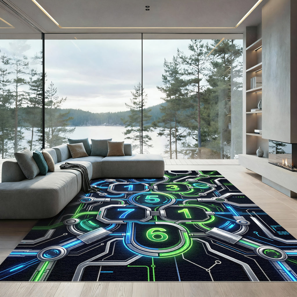 Neon Cybernetic Circuitry Glowing Digital Matrix Rug