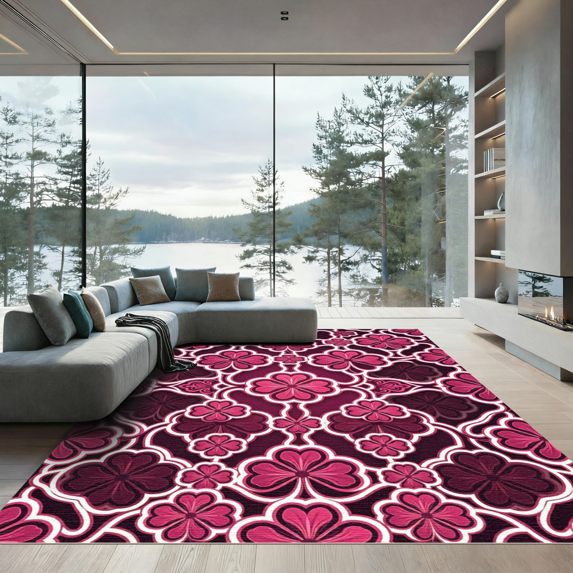 Magenta Floral Clover Geometric Trellis Rug