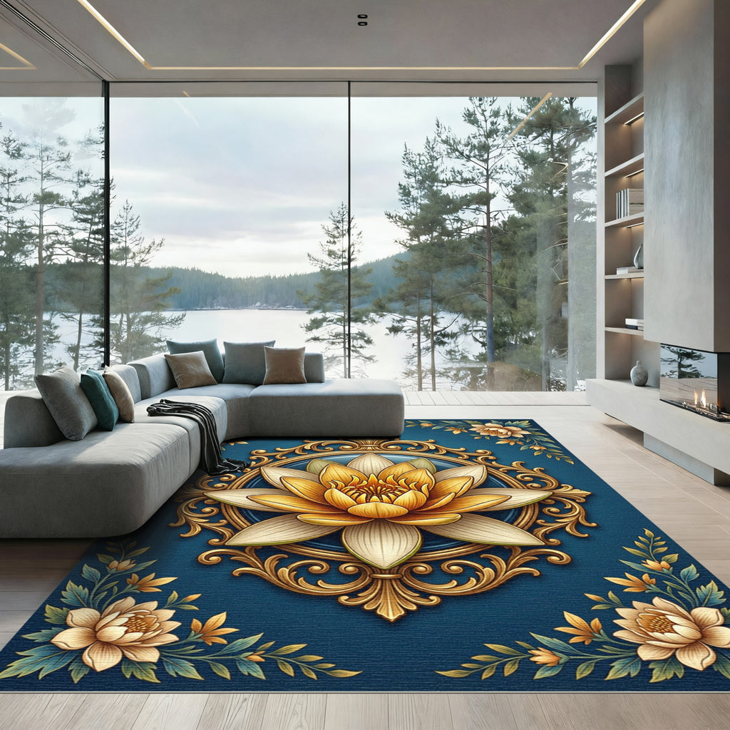 Ornate Golden Lotus Medallion Navy Rug