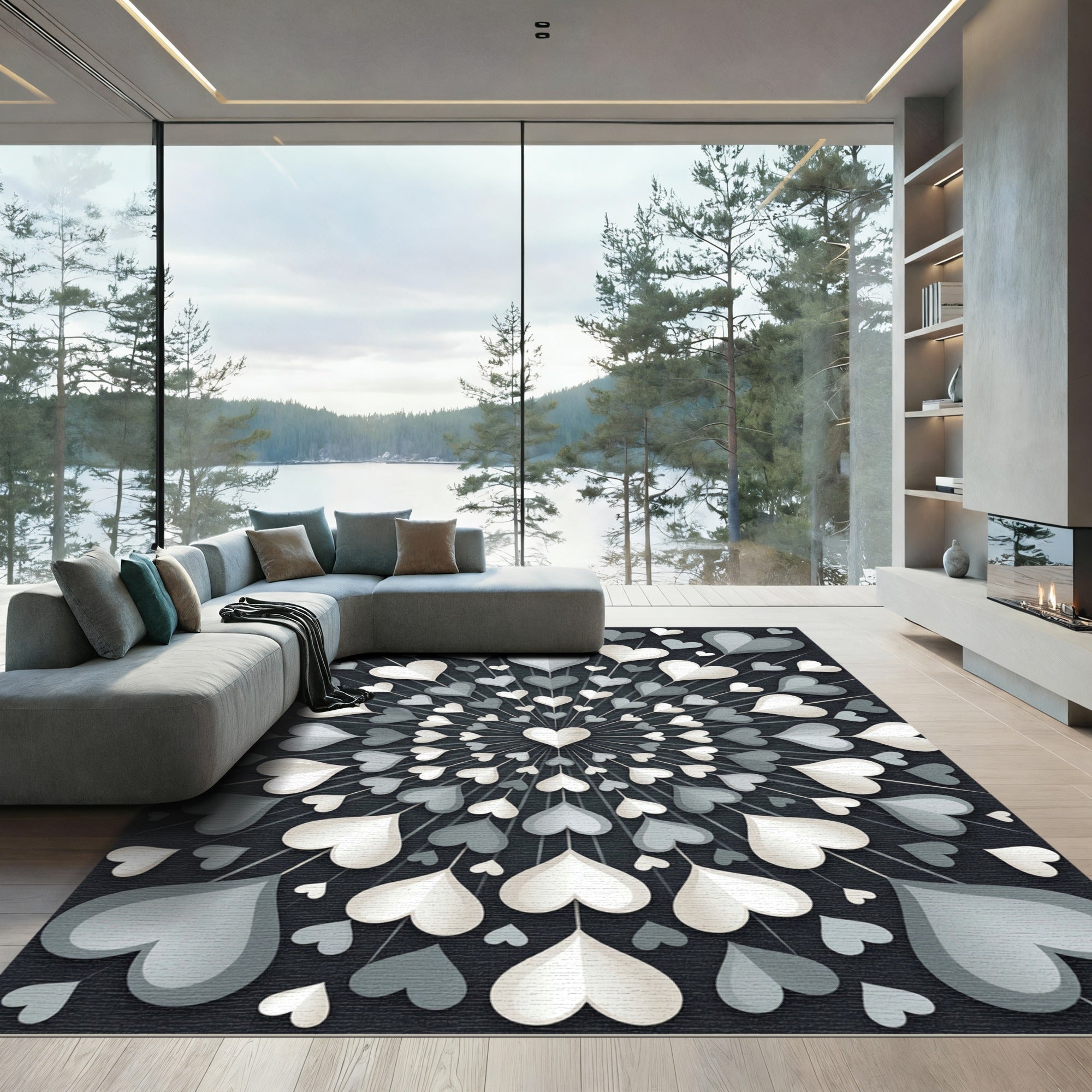 Monochrome Heart Medallion Radial Graphic Rug