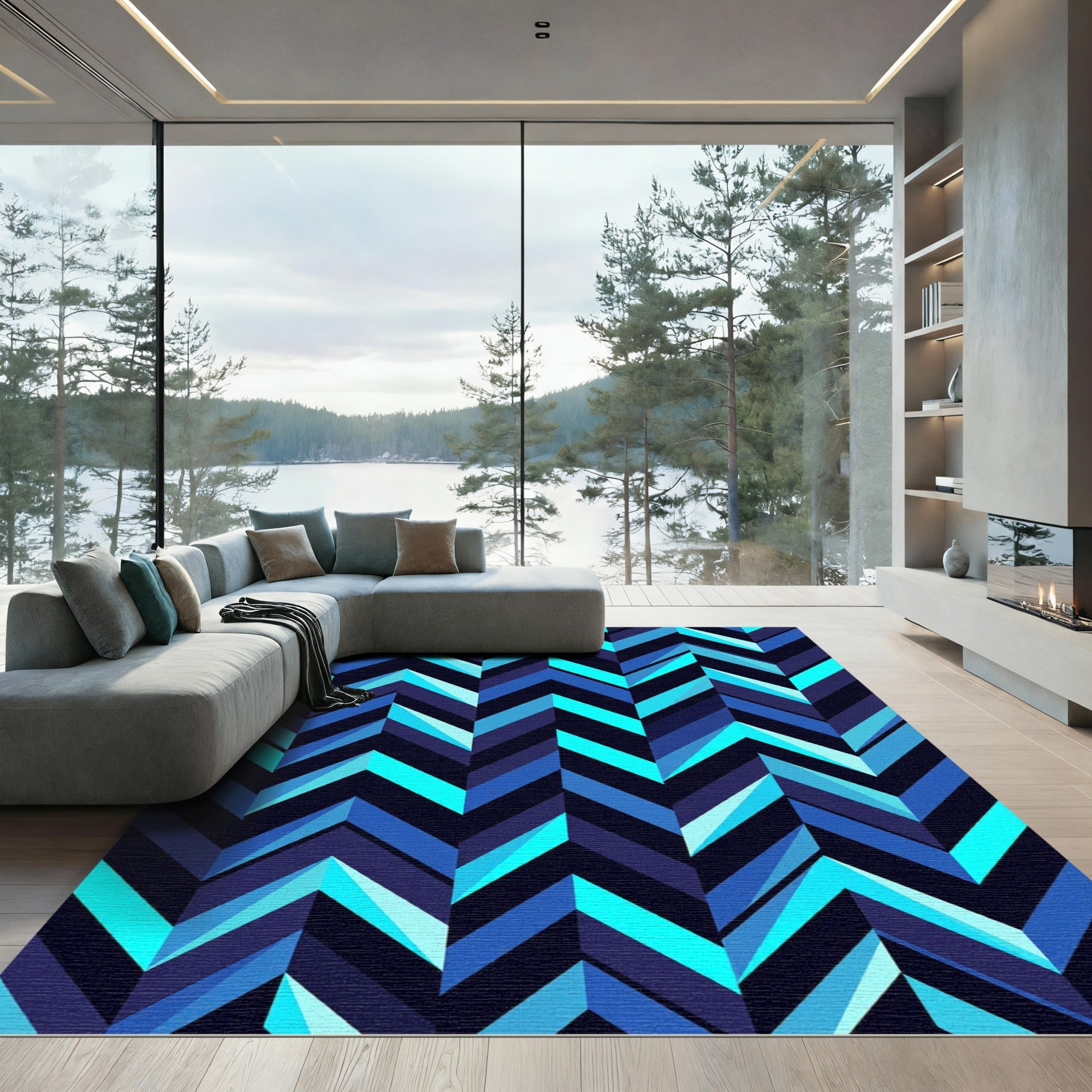 Deep Blue Chevron Geometric Rug