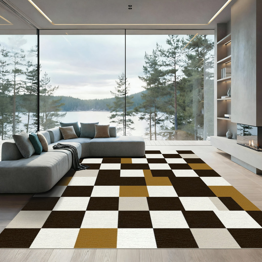 Abstract Brown and Black Geometric Grid Rug