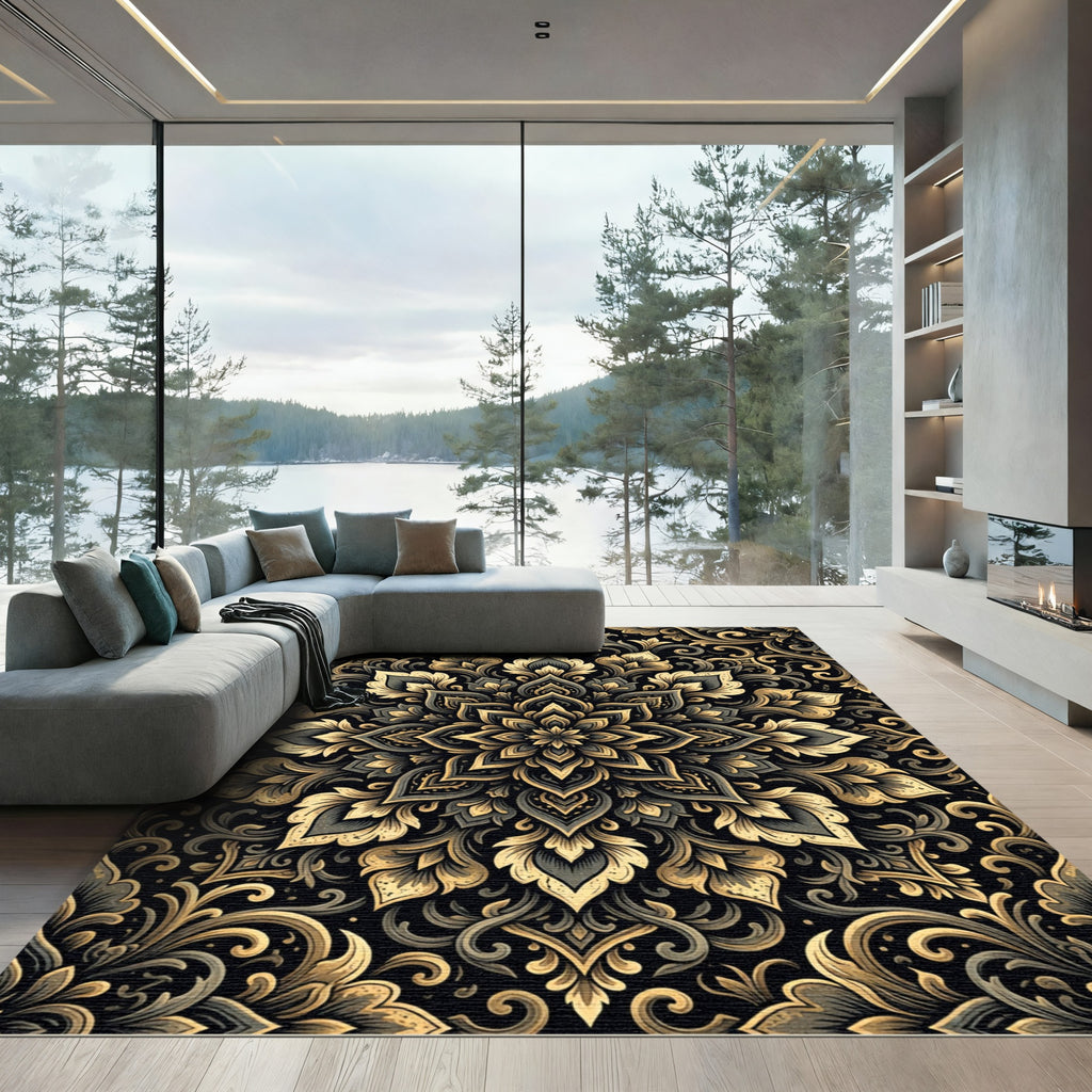 Ornate Gold and Charcoal Floral Medallion Rug