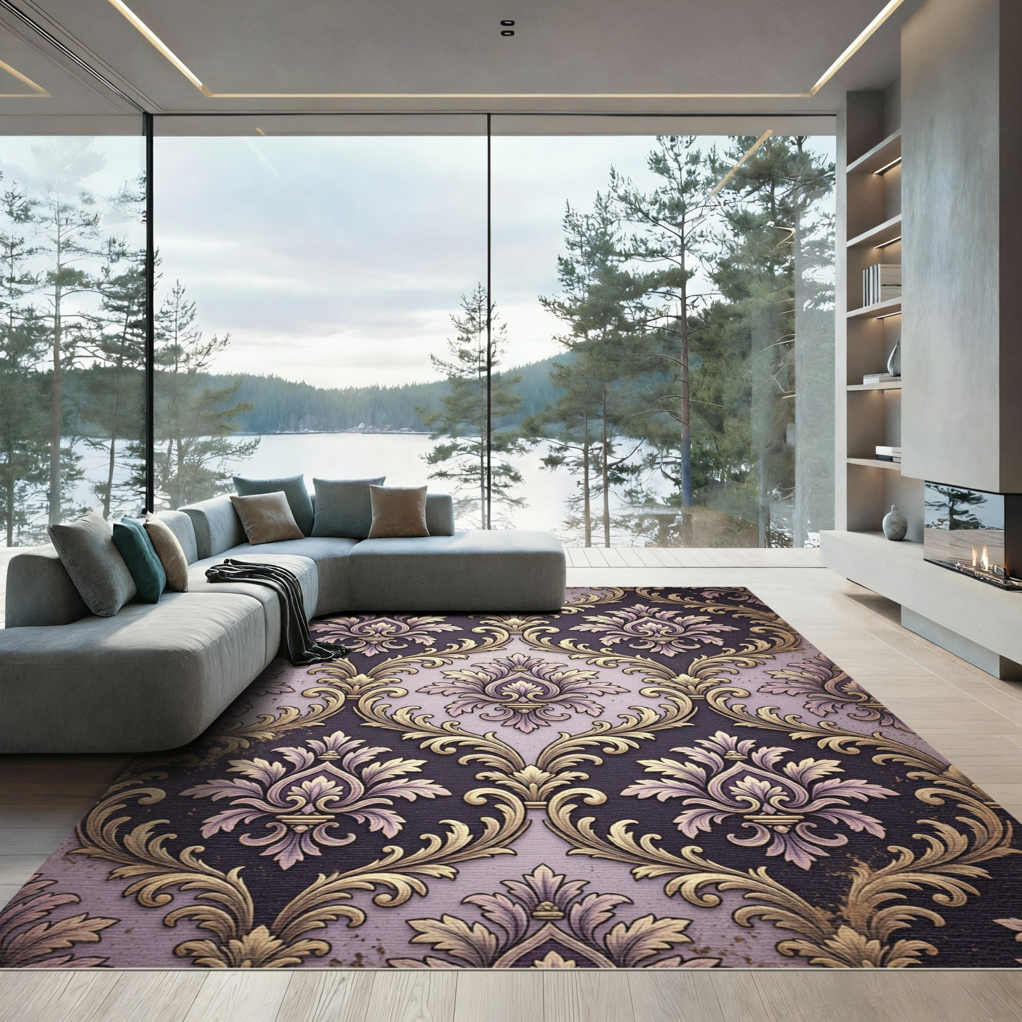 Regal Gold Damask Lilac Accents Rug