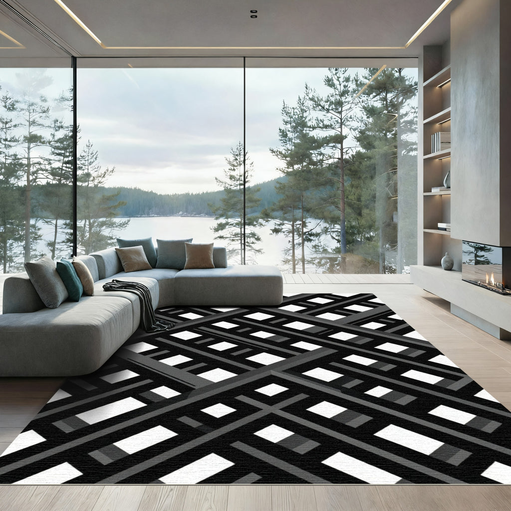 Monochrome Geometric Diagonal Grid Rug