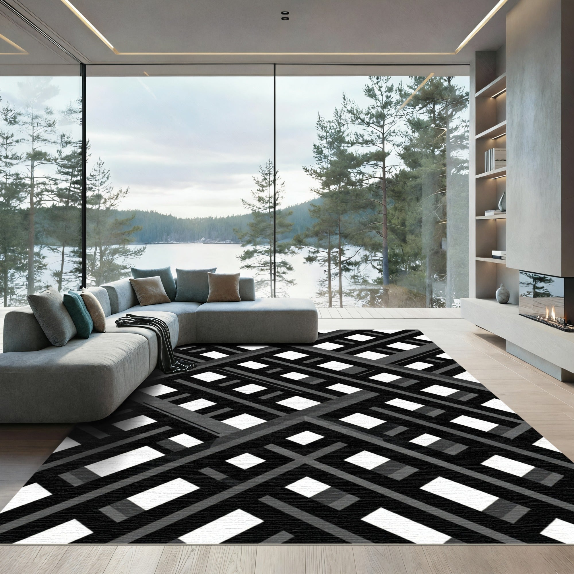 Monochrome Geometric Diagonal Grid Rug