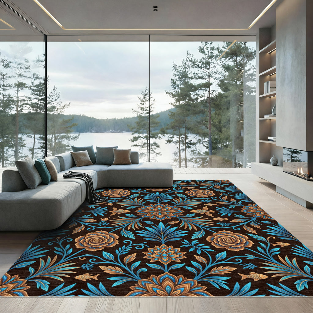 Botanical Blue and Copper Floral Fish Rug