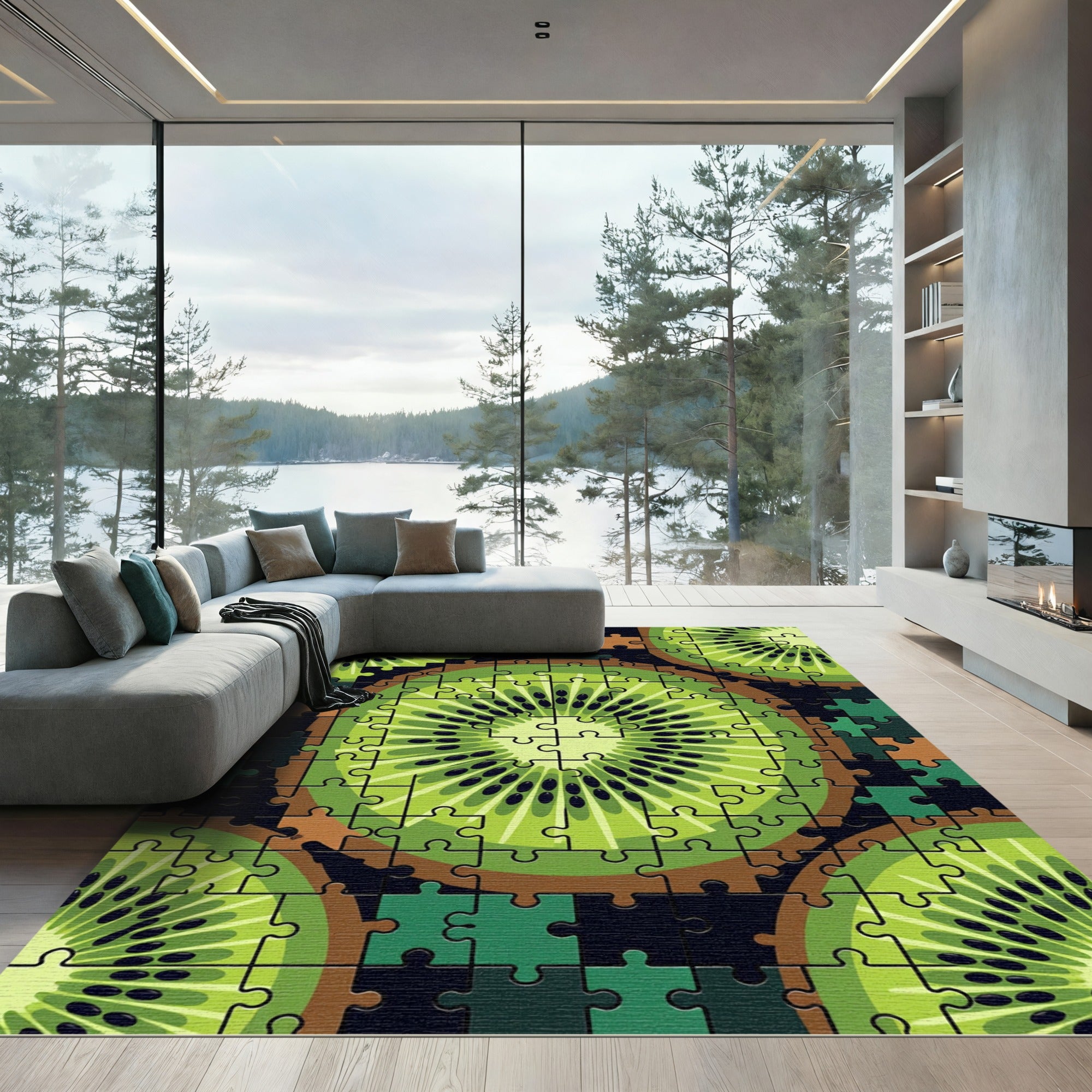 Vibrant Green Sliced Kiwi Fruit Mosaic Rug