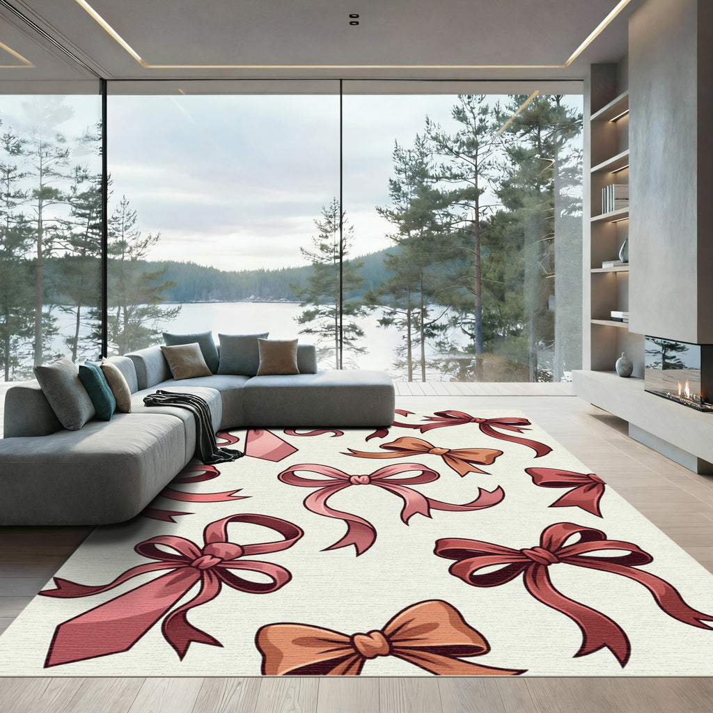 Charming Pink Ribbon Bow Aesthetic Rug