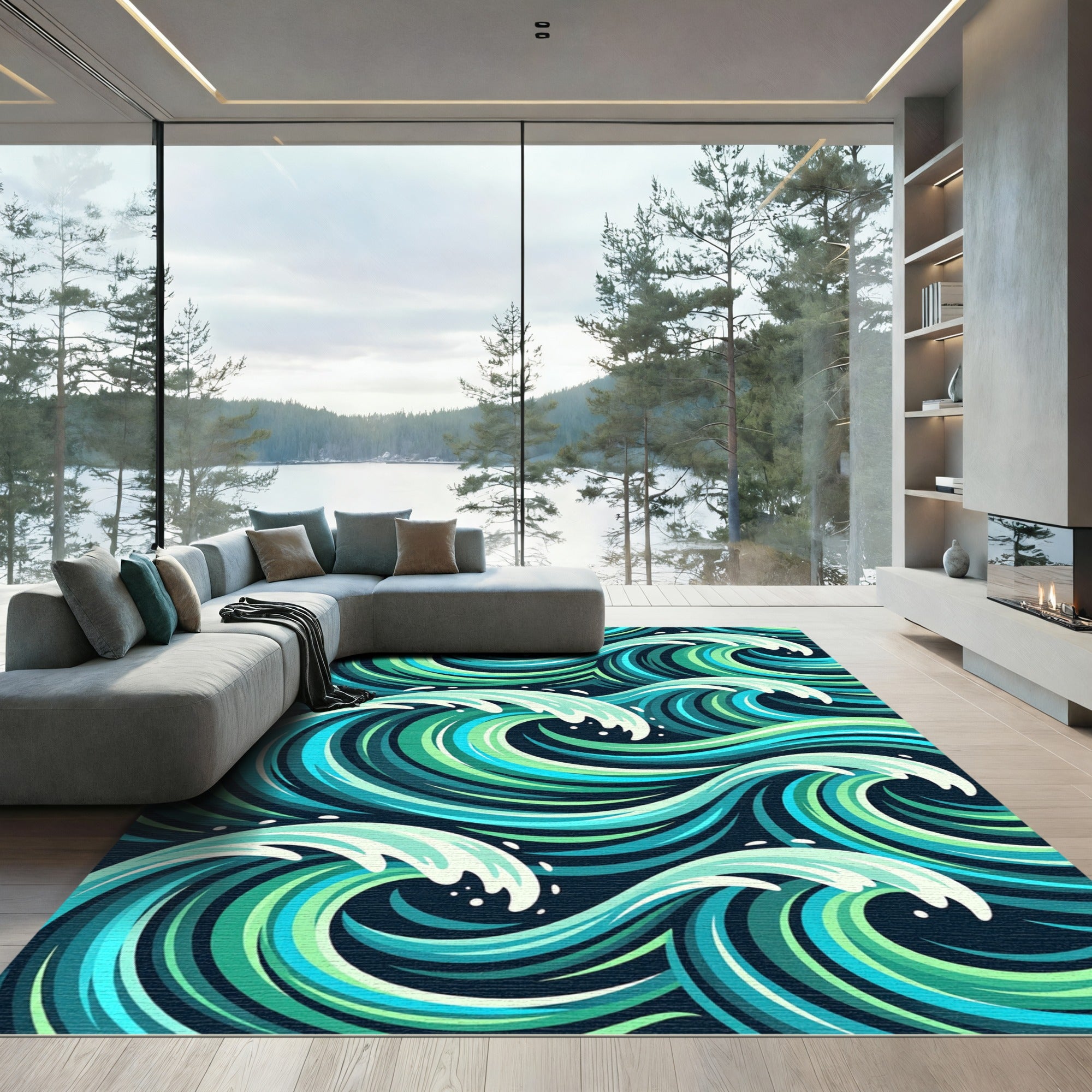 Oceanic Teal Swirling Waves Rug